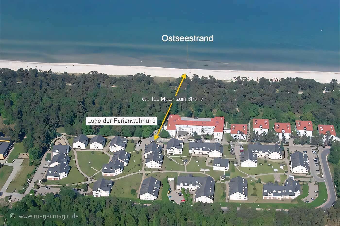 Luftaufnahme der Lage des Apartments in Binz auf Rügen